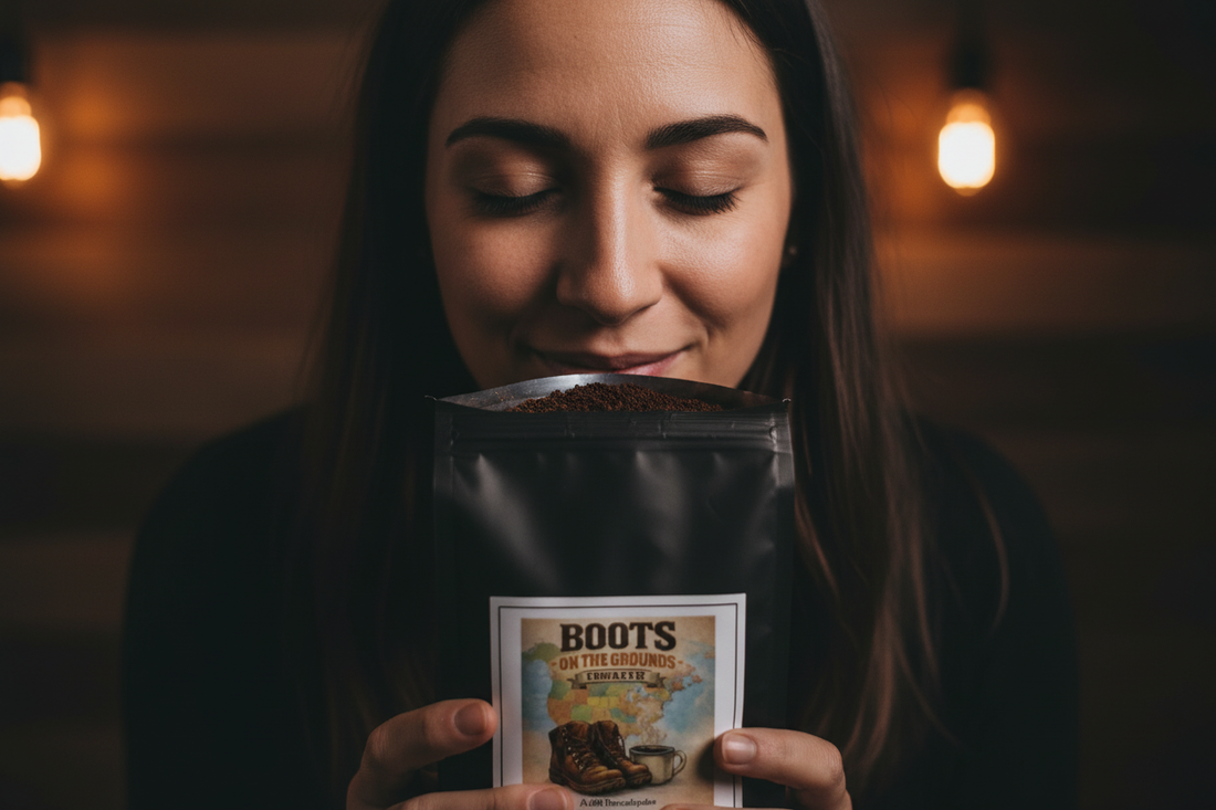 Boots on the Grounds specialty coffee bag with fresh roasted aroma — single origin coffee by JLR© Investigates
