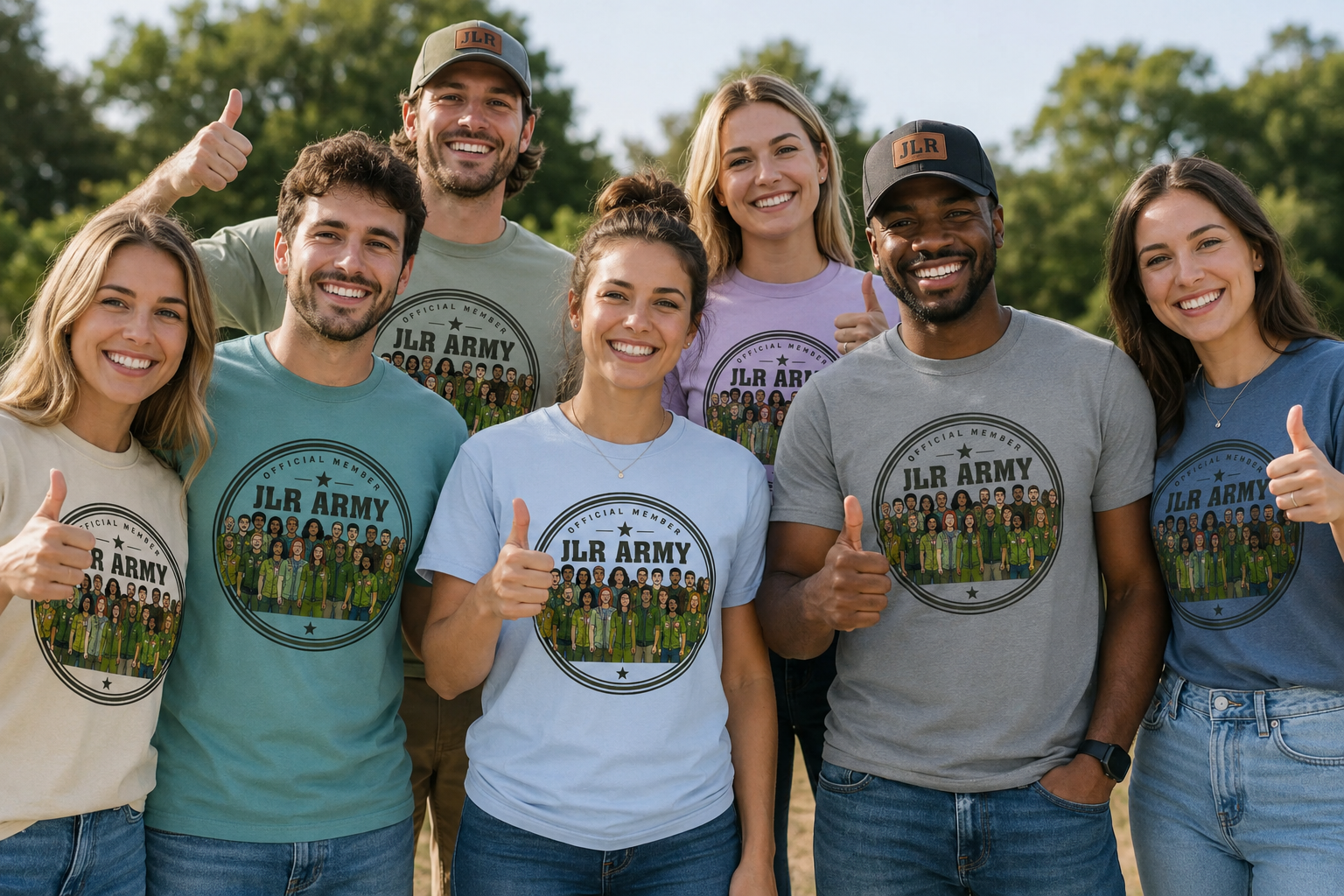 Group of JLR© Army members giving thumbs up wearing official JLR Army t-shirts outdoors