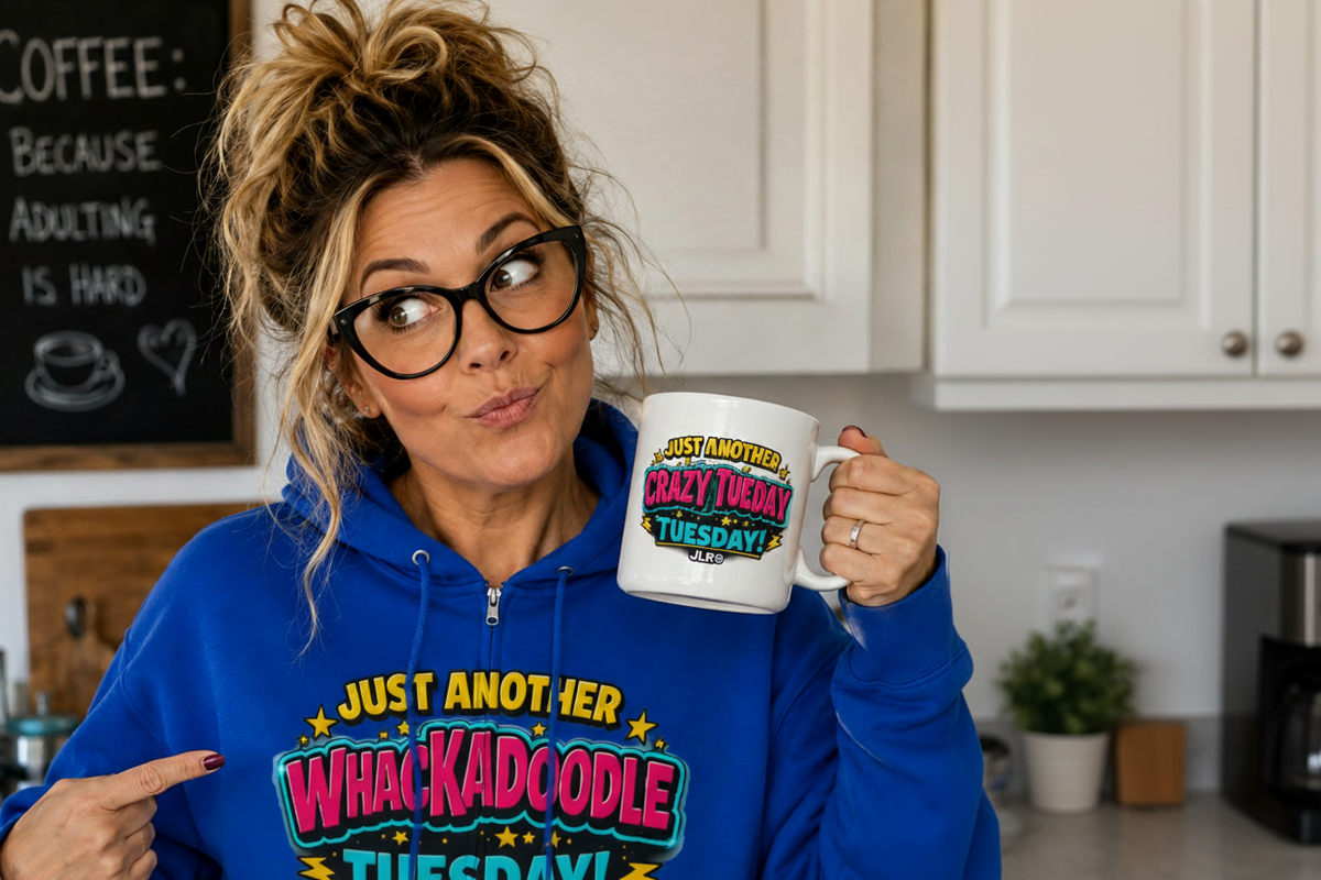 JLR© Army member wearing a blue Whackadoodle hoodie holding a mug