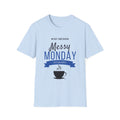 Messy Monday light blue unisex t-shirt featuring bold navy blue graphic with coffee cup and banner design