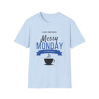 Messy Monday light blue unisex t-shirt featuring bold navy blue graphic with coffee cup and banner design
