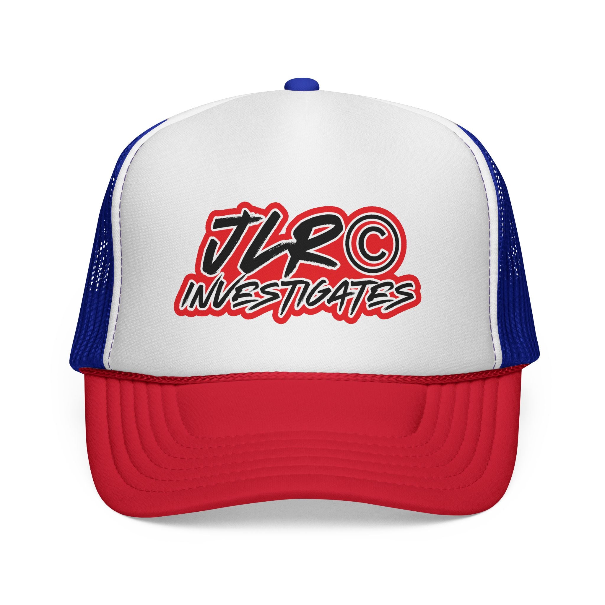 Trucker Cap — "JLR© Investigates" Retro Mesh Hat (Red, White & Blue)