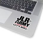 3 × 3 inch JLR© Army “LET’S ROLL.” vinyl sticker with white border on a silver laptop.