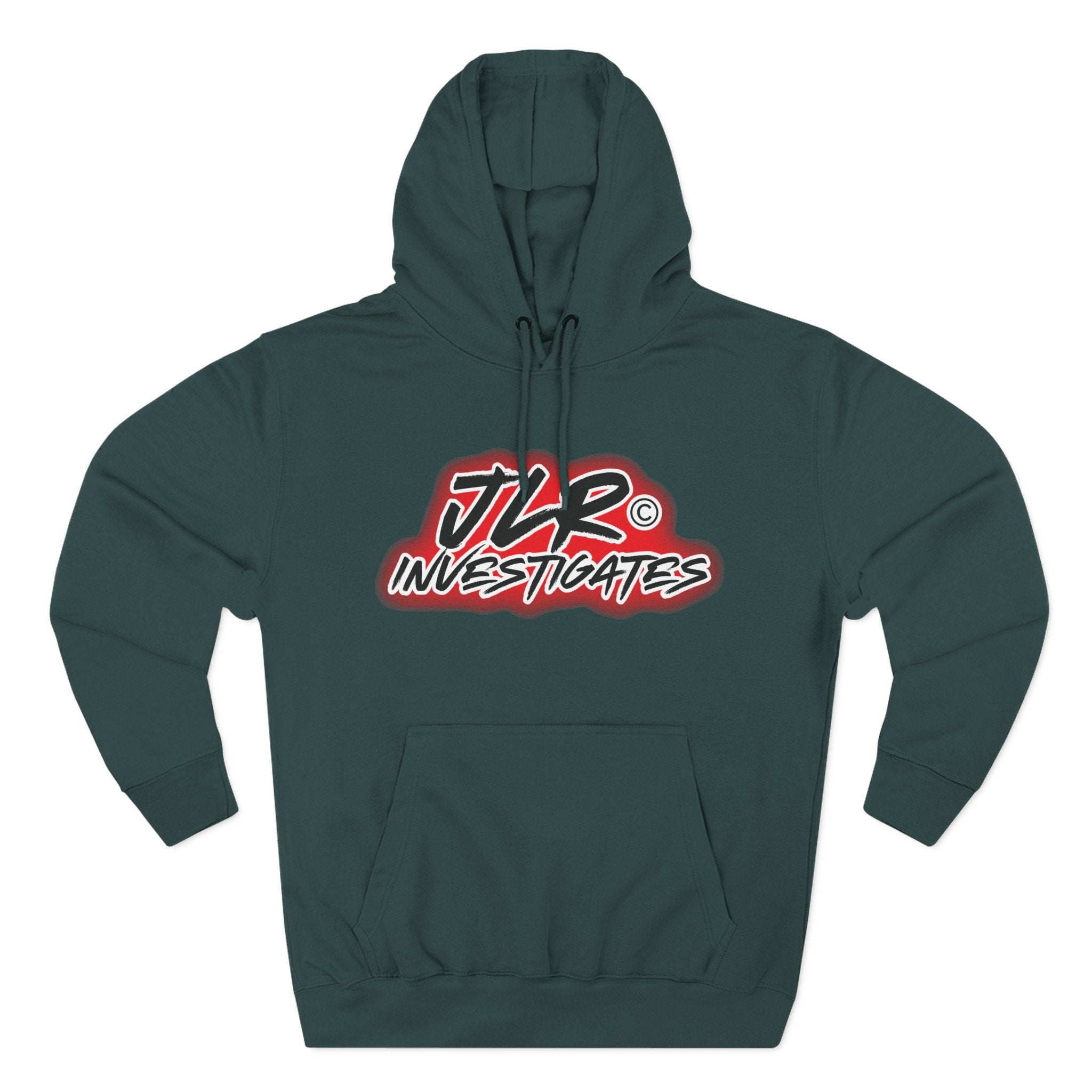 JLR© Bold Logo Hoodie in Sports Green — graffiti-style JLR Investigates graphic on a pullover hoodie with kangaroo pocket and adjustable drawstring hood