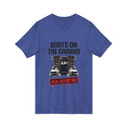  blue unisex t-shirt with bold black graphic reading 'Boots on the Ground' featuring a boot graphic and JLR Investigates branding
