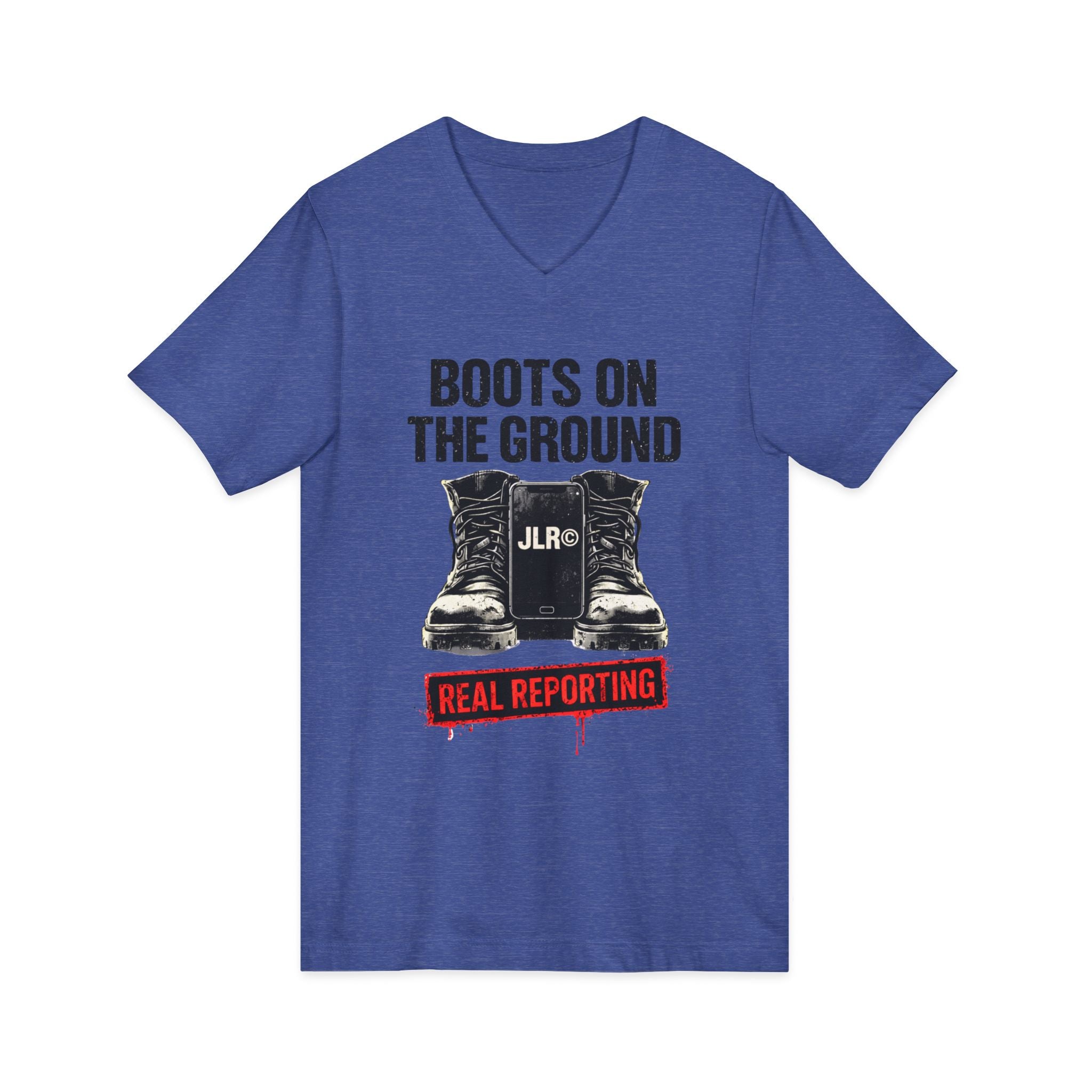  blue unisex t-shirt with bold black graphic reading 'Boots on the Ground' featuring a boot graphic and JLR Investigates branding