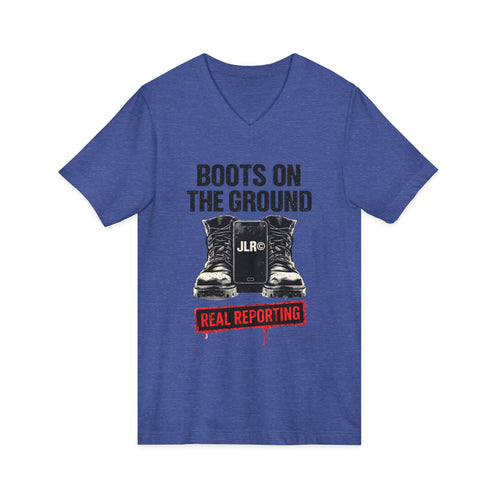  blue unisex t-shirt with bold black graphic reading 'Boots on the Ground' featuring a boot graphic and JLR Investigates branding