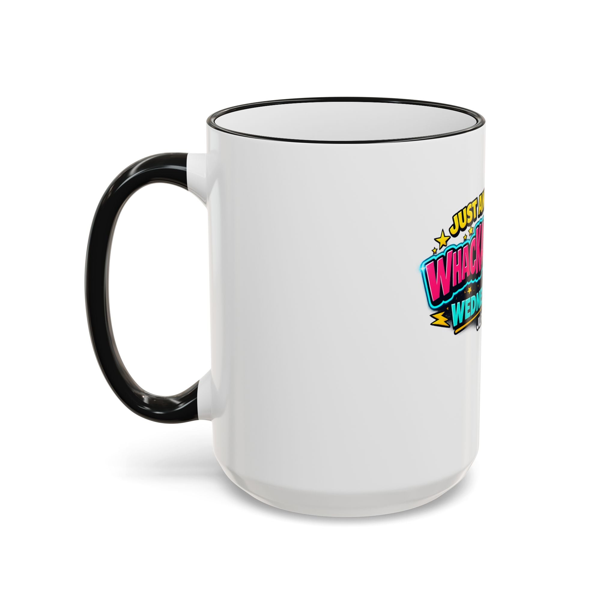 Whackadoodle Wednesday 15oz white ceramic coffee mug with black rim and handle and bold graphic print — JLR Investigates