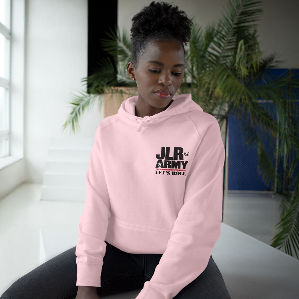 Model wearing the Pink JLR© Army “Let’s Roll” hoodie, front view.