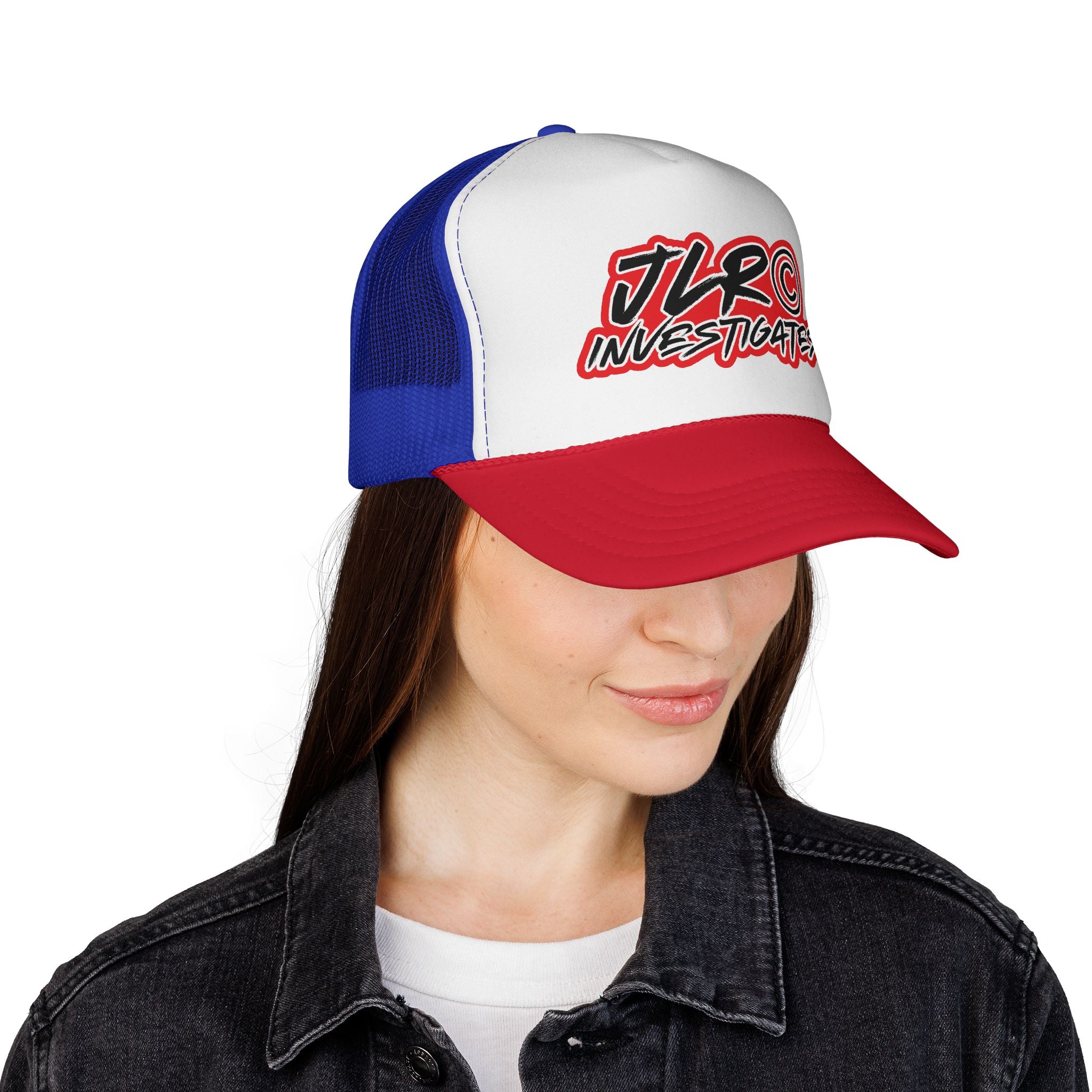 Trucker Cap — "JLR© Investigates" Retro Mesh Hat (Red, White & Blue)