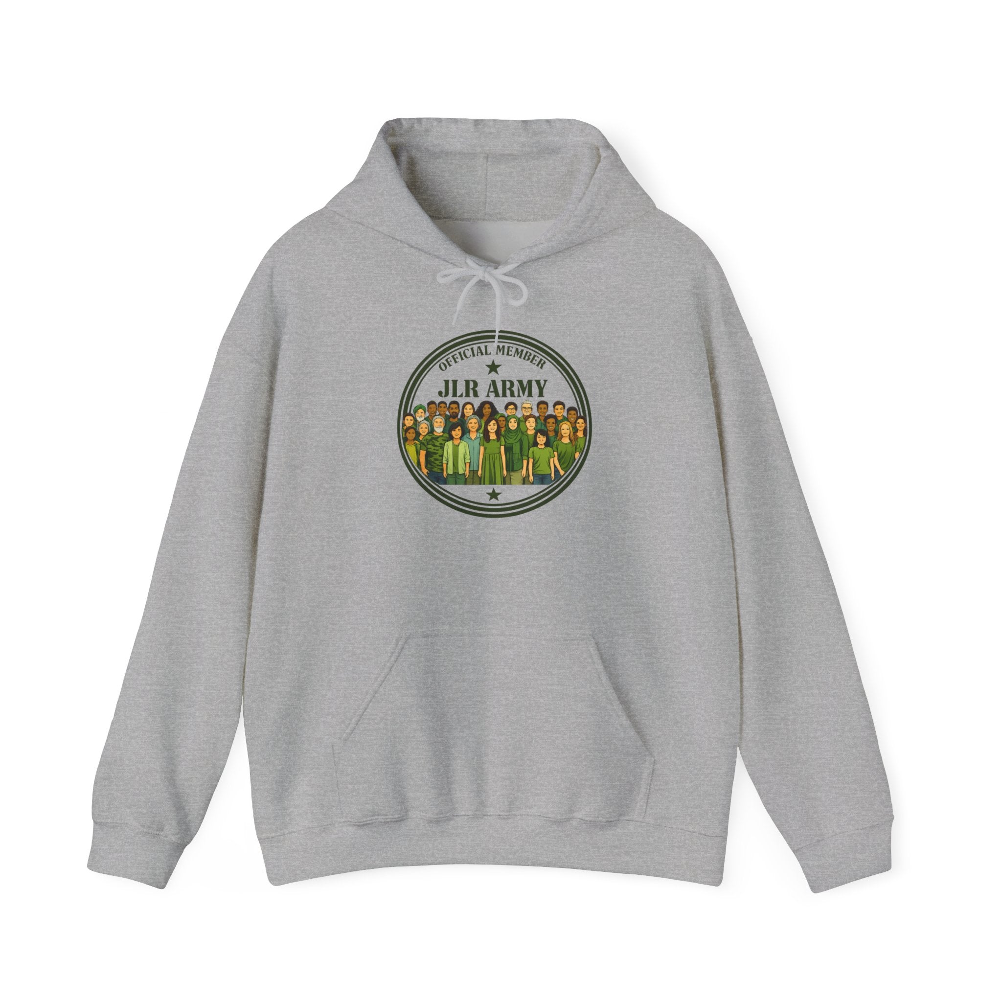 Sport grey premium hoodie featuring the JLR© Army circular badge graphic with diverse illustrated figures on the chest