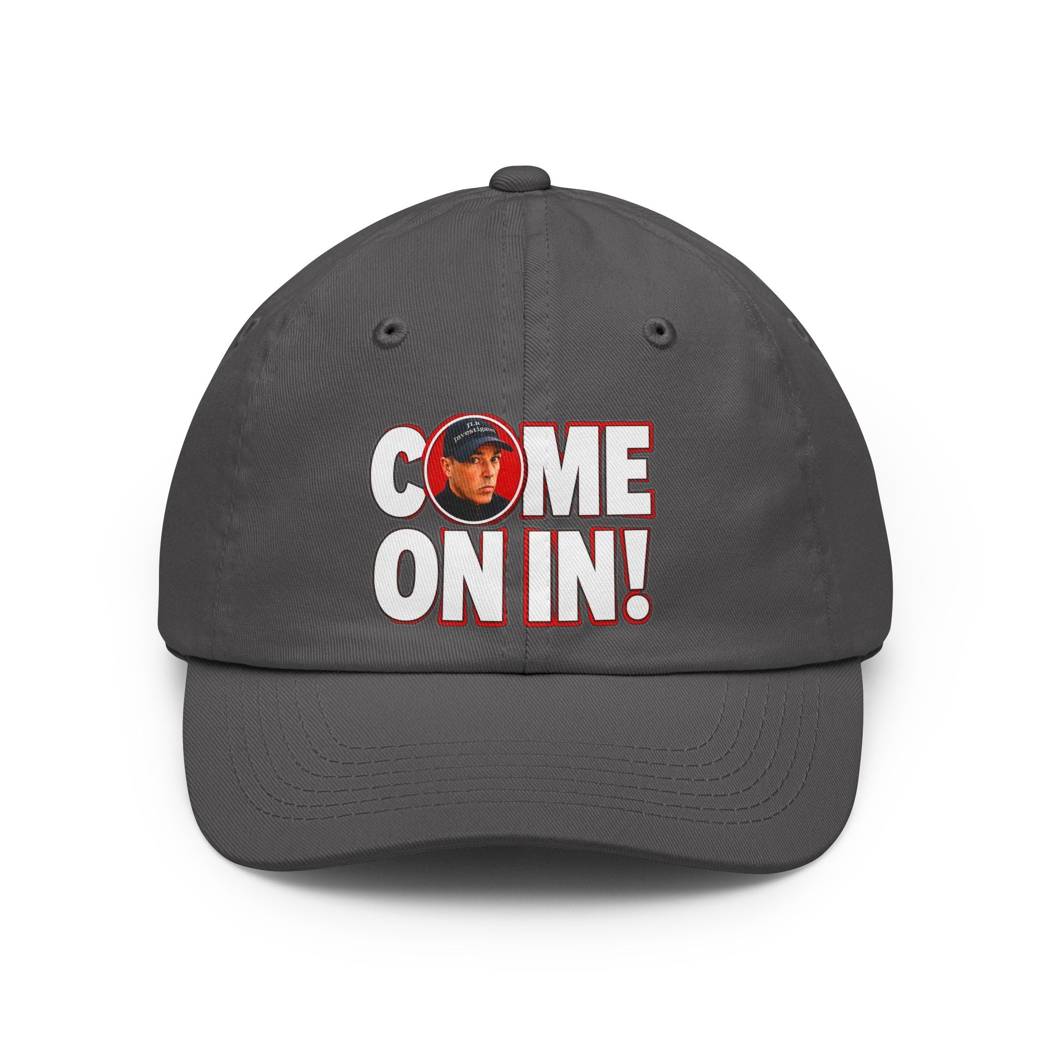Come On In! JLR© Investigates Dad Hat in Charcoal with bold graphic print on front panel