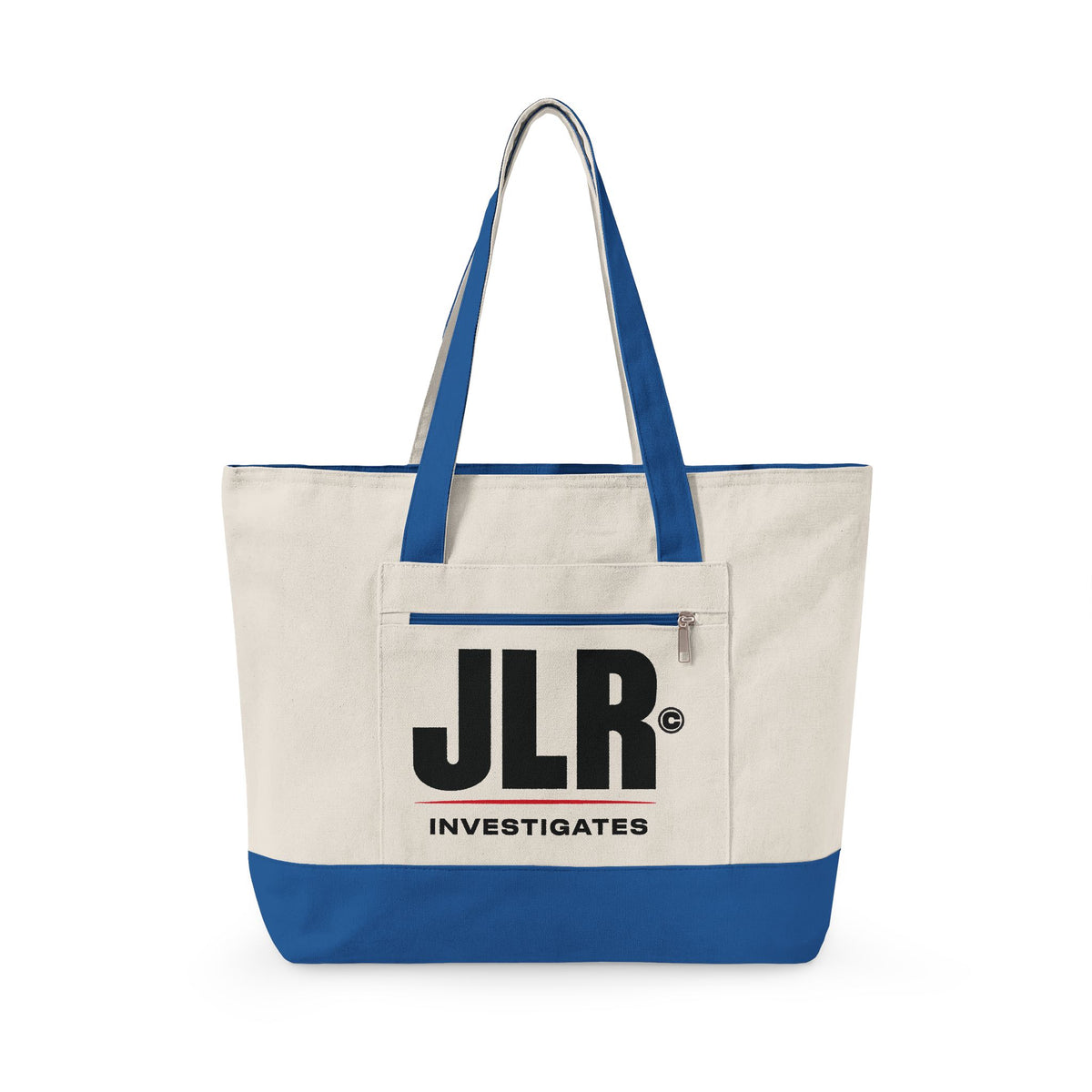 An off-white canvas tote bag with royal blue handles and bottom trim, featuring a front pocket with a black 'JLR INVESTIGATES' logo print, set against a plain white background.
