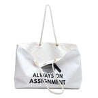 Always On Assignment Weekender Bag – JLR© Investigates, white, angled view showing Always On Assignment graphic