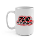 White mug with 'JLR Investigates' graffiti style logo on a white background