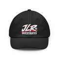 Black JLR© Bold Logo Dad Cap with a high-contrast white JLR© Investigates design.