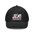 Black JLR© Bold Logo Dad Cap with a high-contrast white JLR© Investigates design.