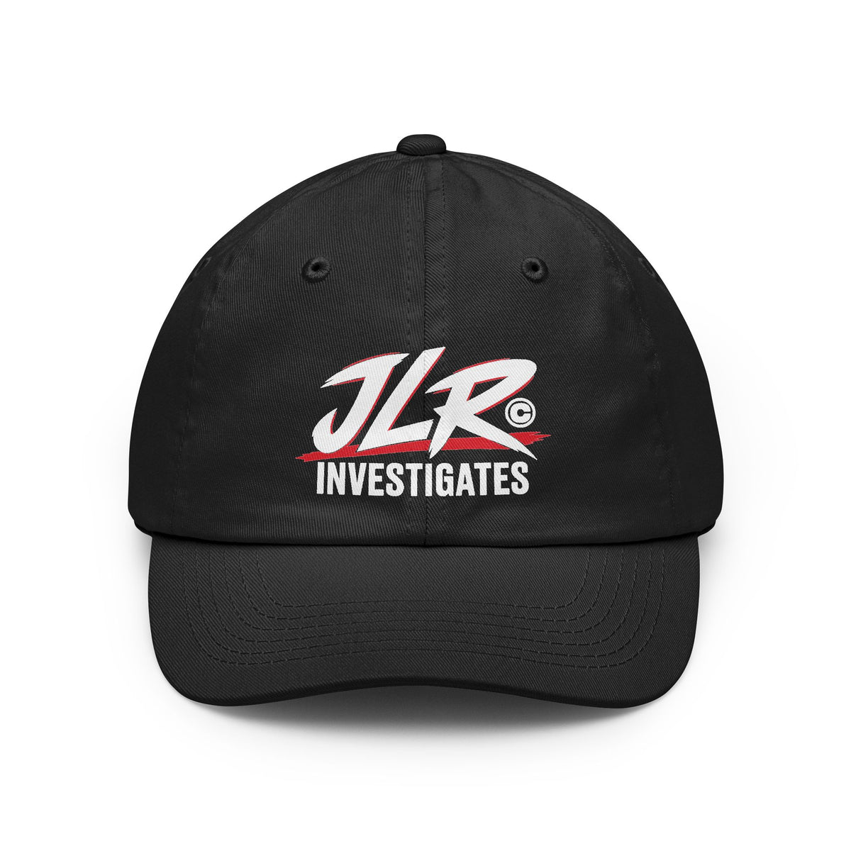 Black JLR© Bold Logo Dad Cap with a high-contrast white JLR© Investigates design.