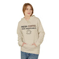 Fresh Coffee Hoodie – JLR© Investigates, sand, worn by model, front angled view