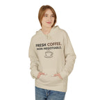 Fresh Coffee Hoodie – JLR© Investigates, sand, worn by model, front angled view