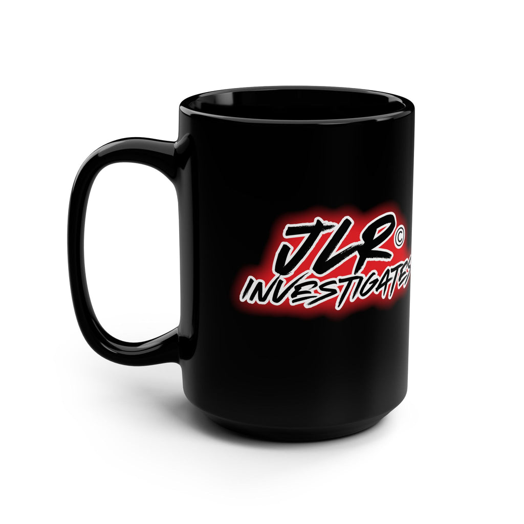 JLR Investigates branded 15oz black ceramic mug with bold red and white logo — JLR Investigates