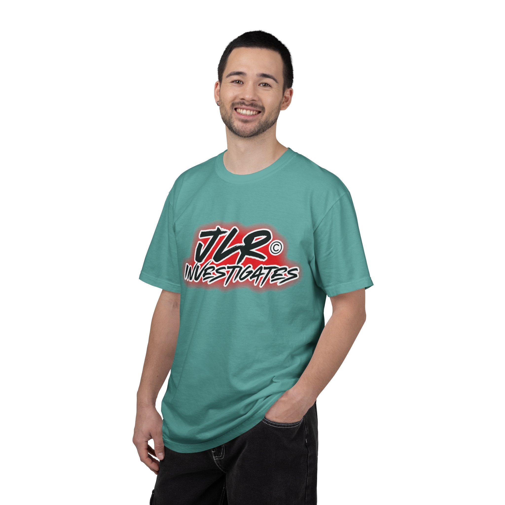 Male model wearing JLR© Investigates t-shirt in Seafoam — relaxed fit, crew neck, short sleeve