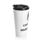 Side angle of the Caffeinated & Investigating Tumbler showing partial investigative graphic
