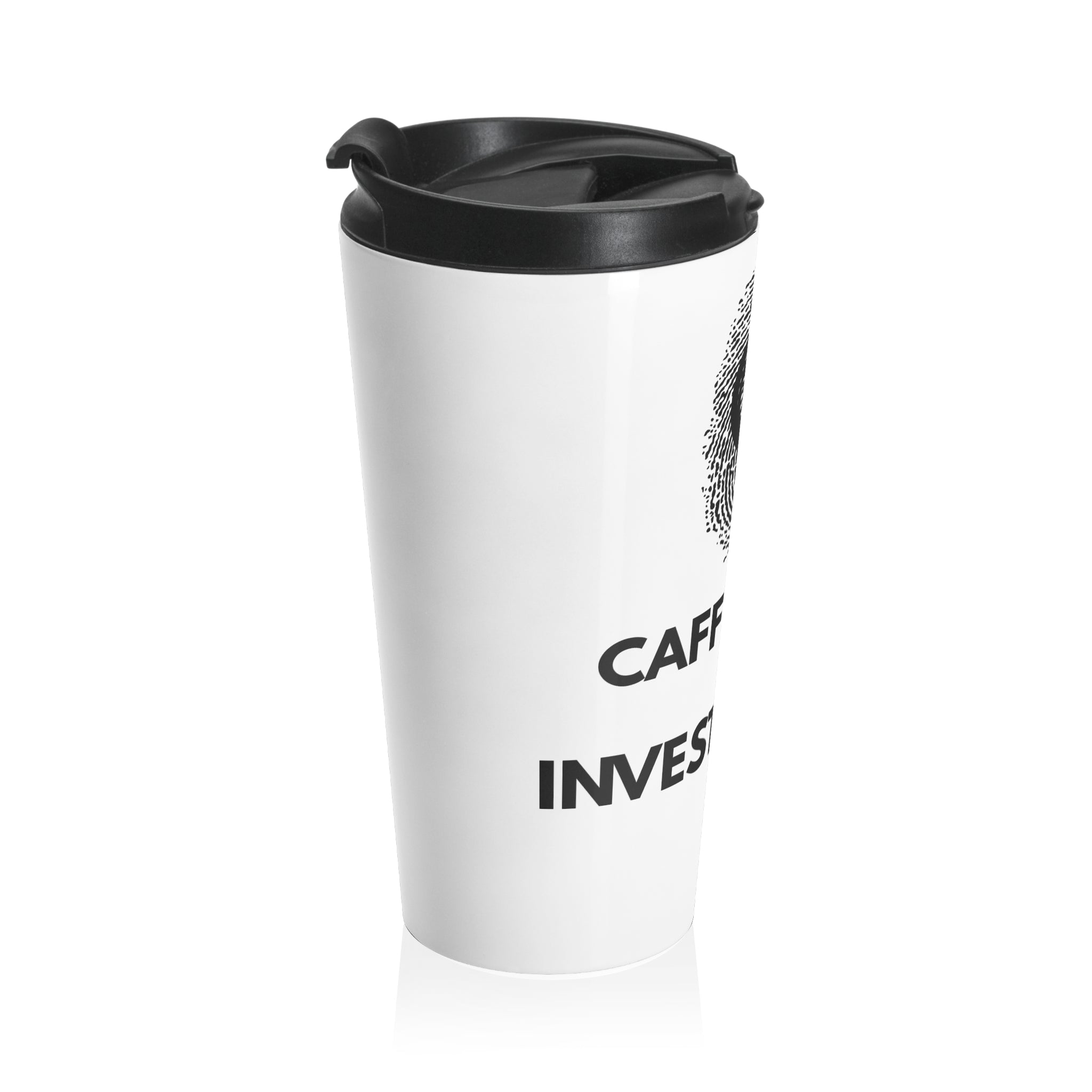 Side angle of the Caffeinated & Investigating Tumbler showing partial investigative graphic