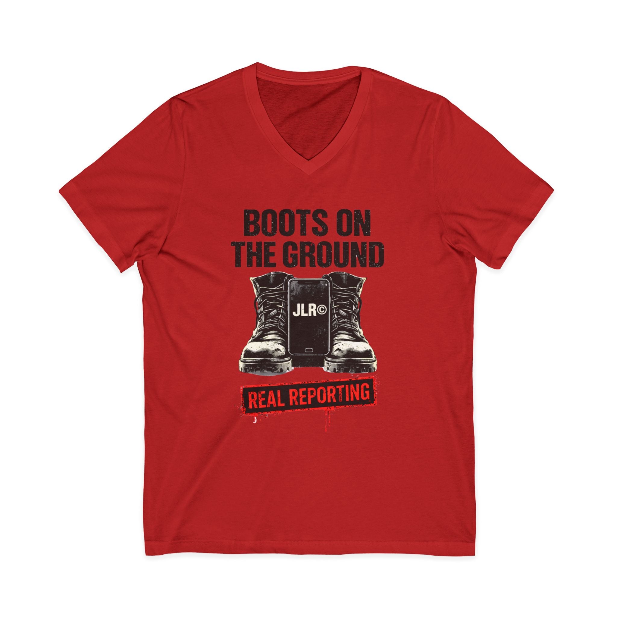 Red t-shirt with black graphic and text on a white background