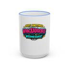 Whackadoodle Wednesday 15oz white ceramic coffee mug with blue rim and handle and bold graphic print — JLR Investigates