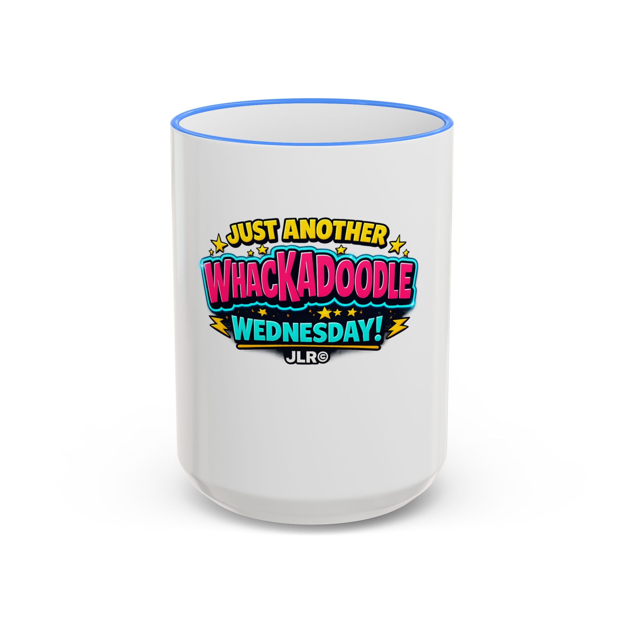 Whackadoodle Wednesday 15oz white ceramic coffee mug with blue rim and handle and bold graphic print — JLR Investigates
