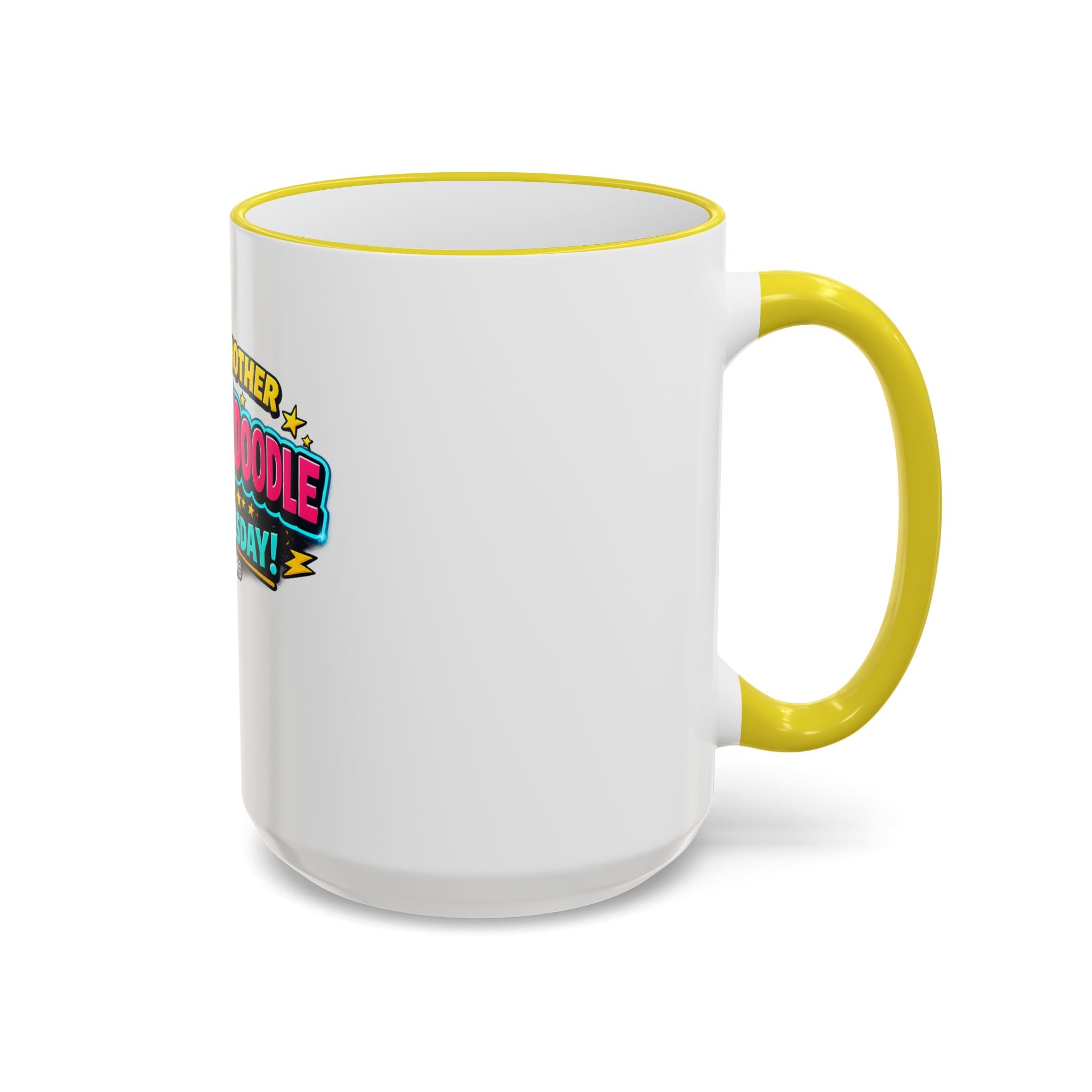 Whackadoodle Wednesday 15oz white ceramic coffee mug with yellow rim and handle and bold graphic print — JLR Investigates