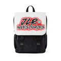 JLR© Investigates Logo Shoulder Backpack — bold graphic flap with red and black JLR© Investigates logo on white Oxford canvas