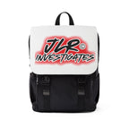 JLR© Investigates Logo Shoulder Backpack — bold graphic flap with red and black JLR© Investigates logo on white Oxford canvas