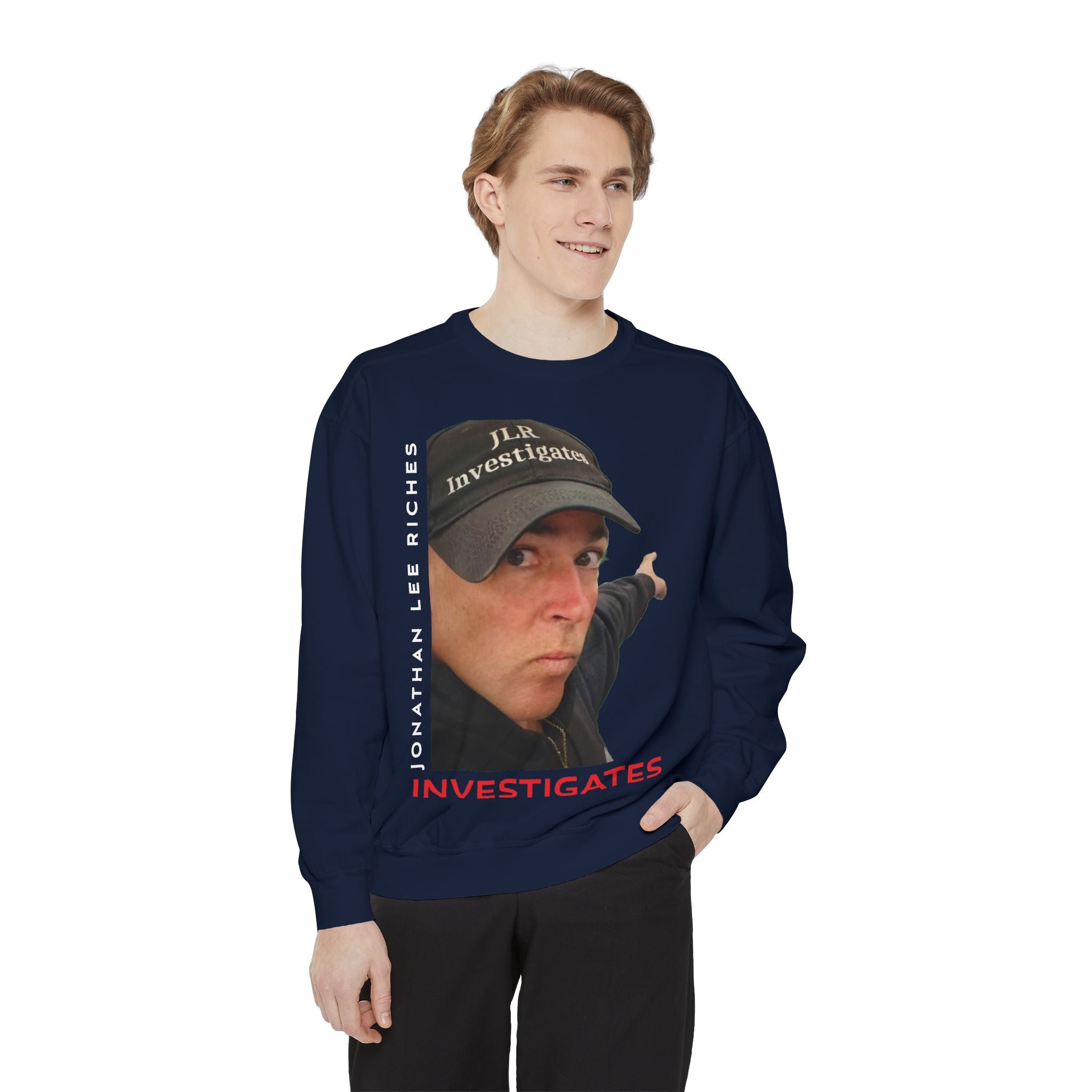 Jonathan Lee Riches Investigates Portrait Sweatshirt — "Investigates" Graphic Crewneck