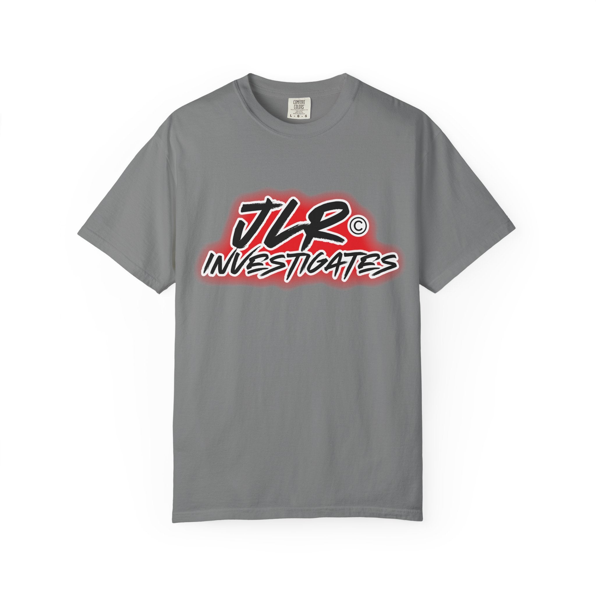 JLR© Investigates t-shirt in Grey — front graphic view