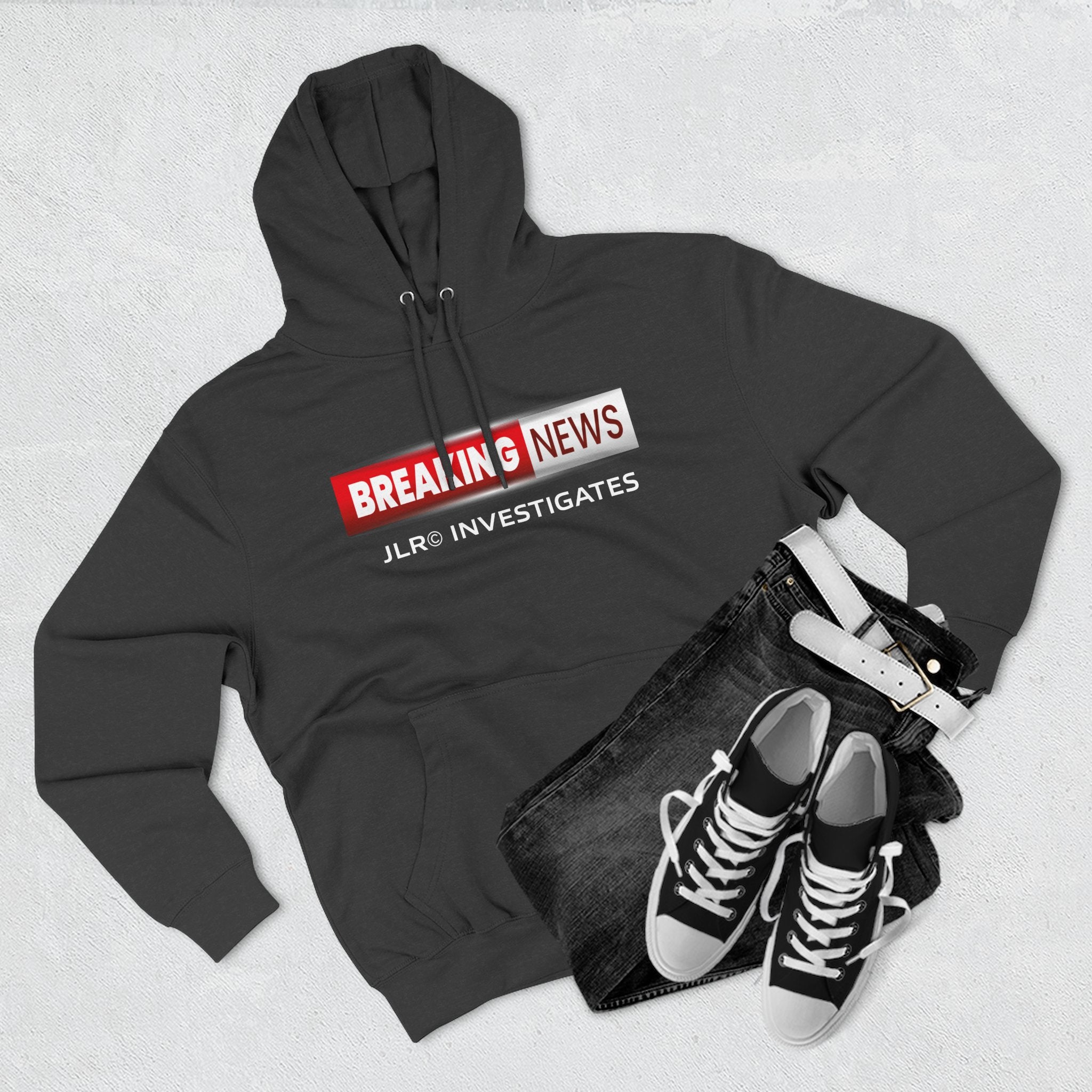 Breaking News Hoodie — "JLR© Investigates" Graphic Pullover
