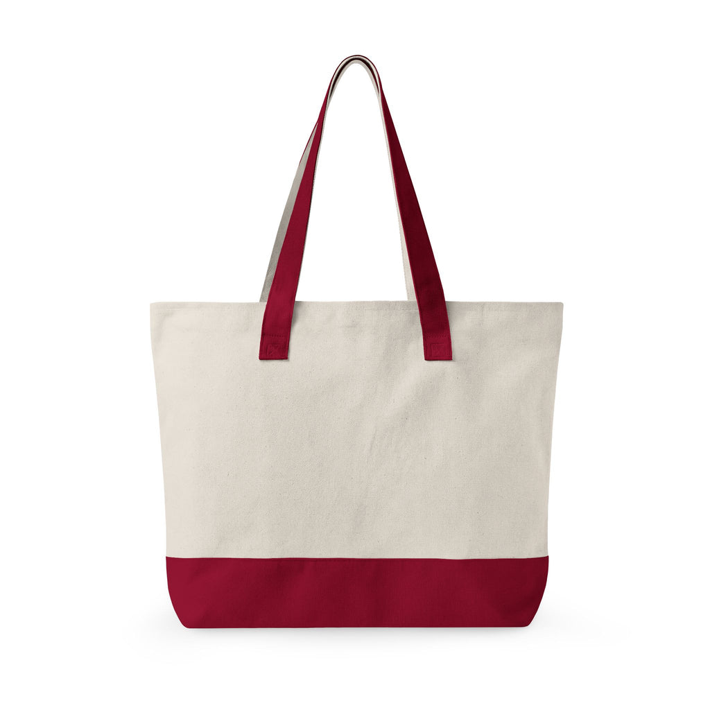 Back view of Beige tote bag with red handles and bottom on a white background