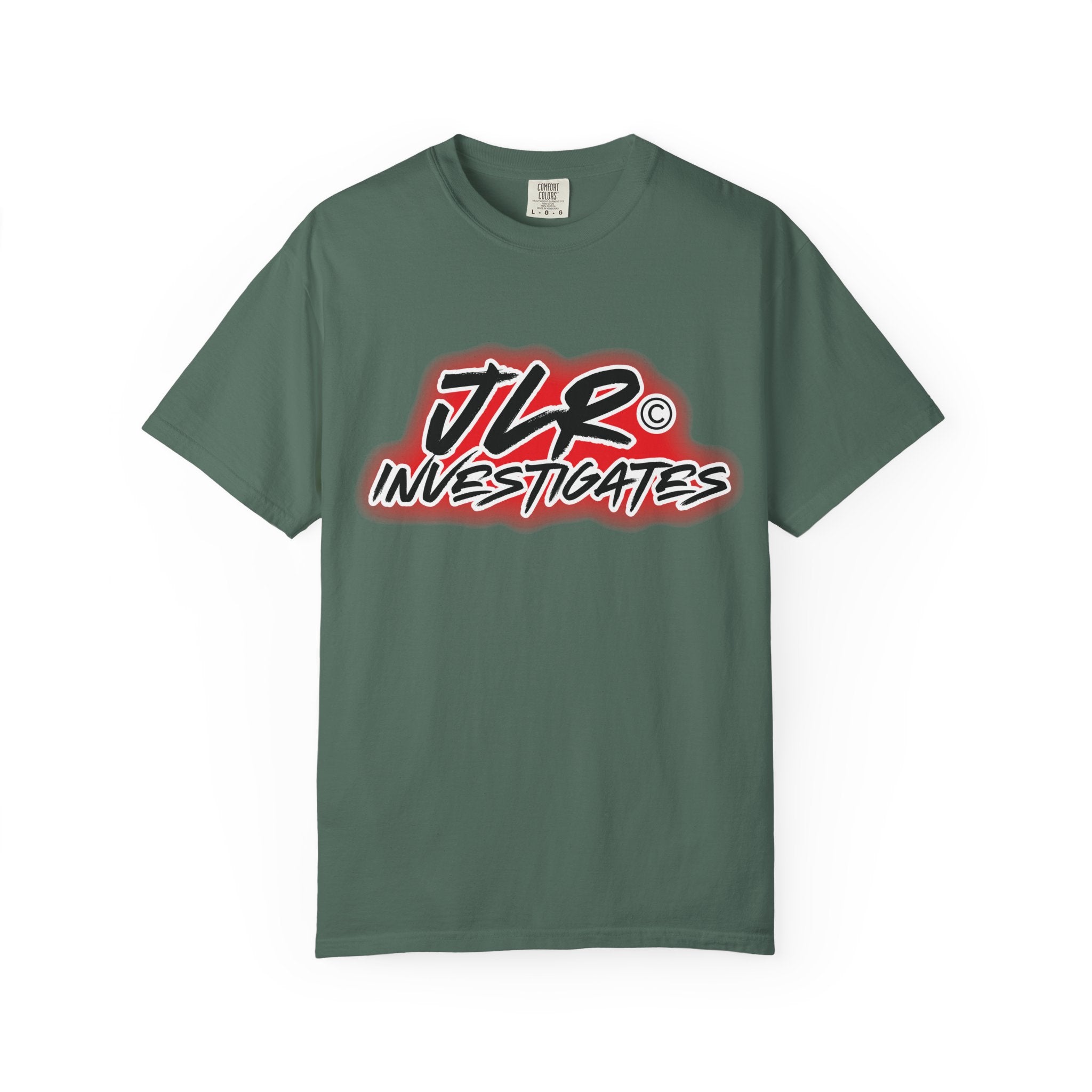JLR© Investigates t-shirt in Blue Spruce— front graphic view
