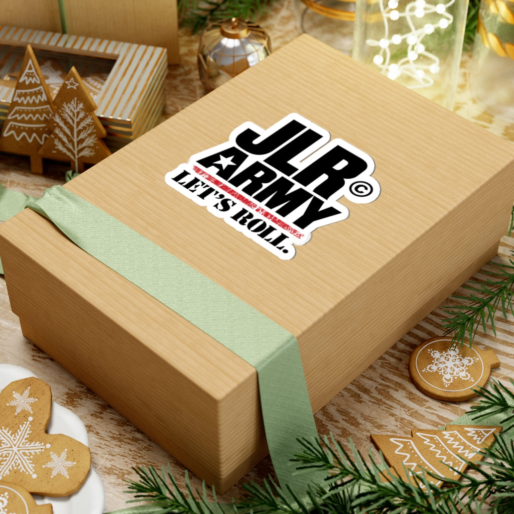 4 × 4 inch JLR© Army “LET’S ROLL.” vinyl sticker on a kraft gift box with green ribbon.