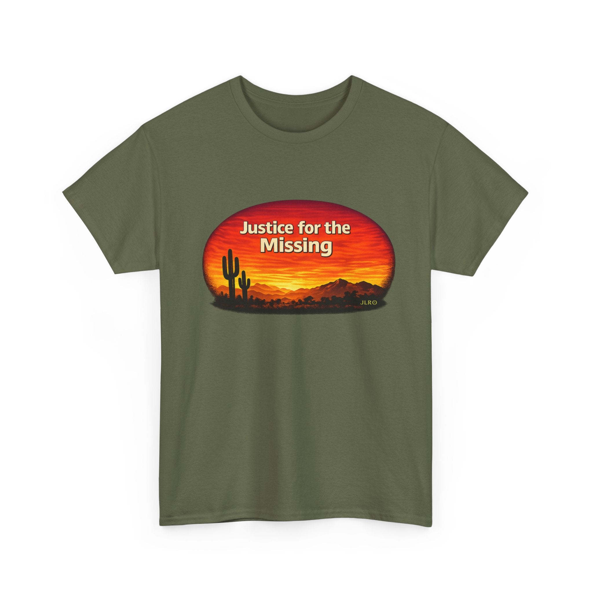 Military Green unisex t-shirt featuring a bold 'Justice for the Missing' graphic with a desert sunset silhouette of saguaro cacti in warm red, orange, and gold tones
