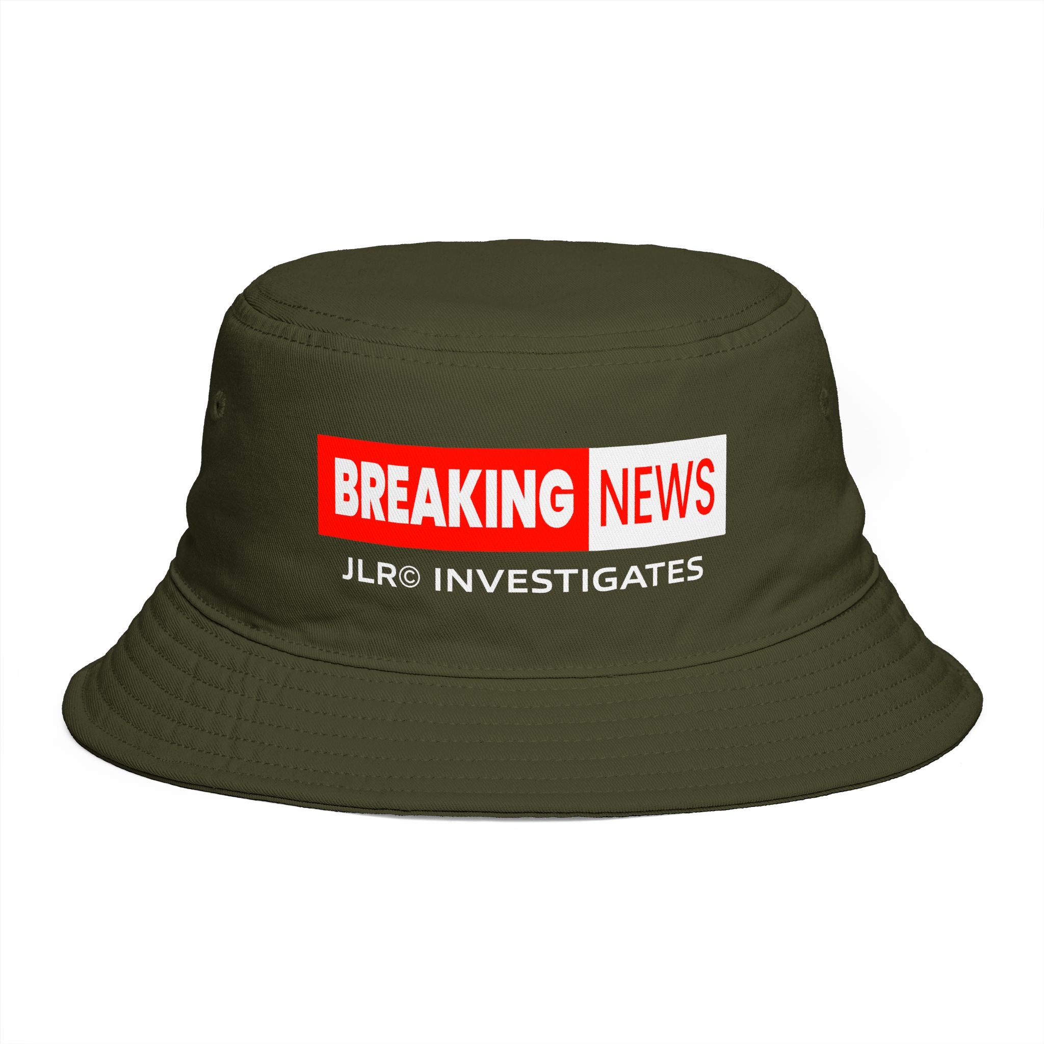 Breaking News Bucket Hat — "JLR© Investigates" Red Graphic News-Style Hat