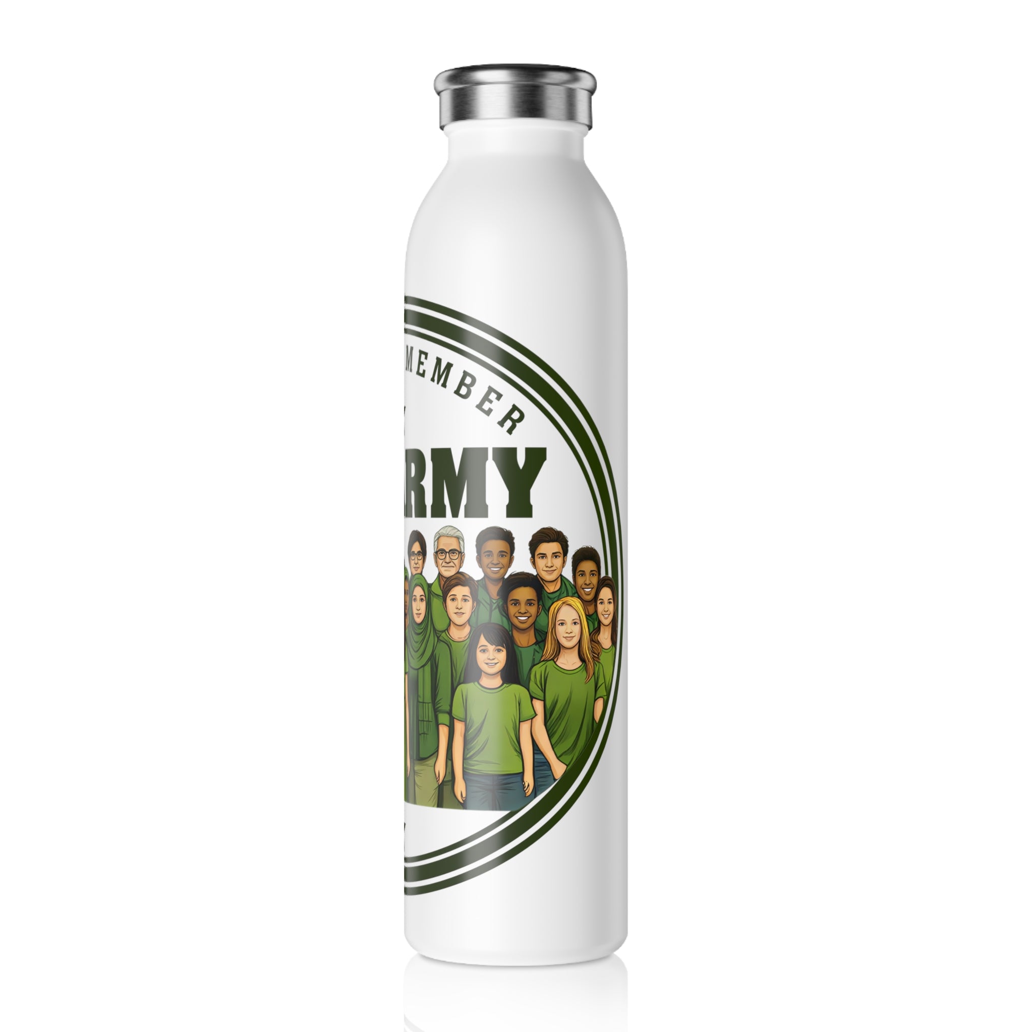 JLR Army Design 20oz insulated water bottle side view— Official Member JLR Army graphic with diverse group illustration — white stainless steel — JLR Investigates