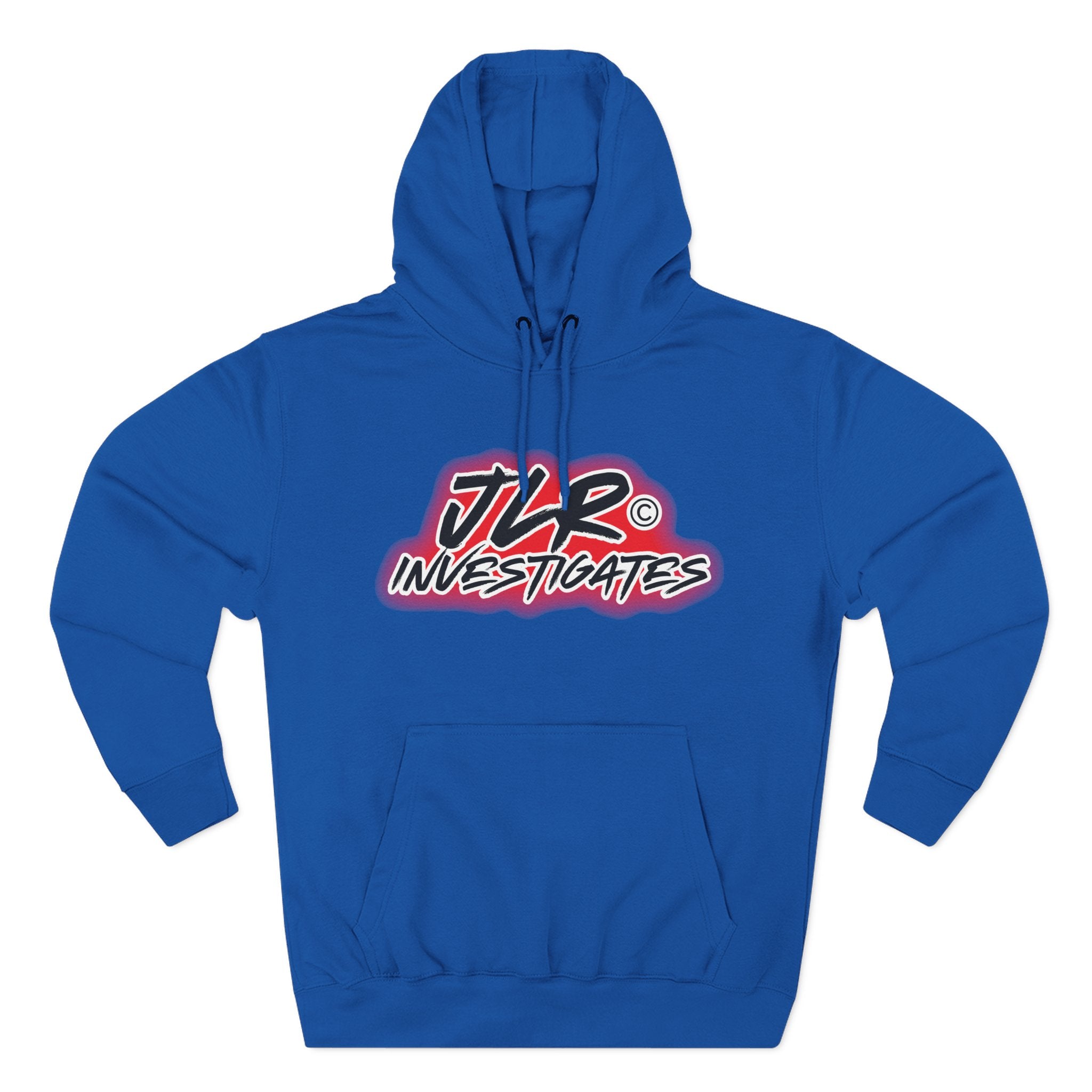 JLR© Bold Logo Hoodie in Royal Blue — graffiti-style JLR Investigates graphic on a pullover hoodie with kangaroo pocket and adjustable drawstring hood
