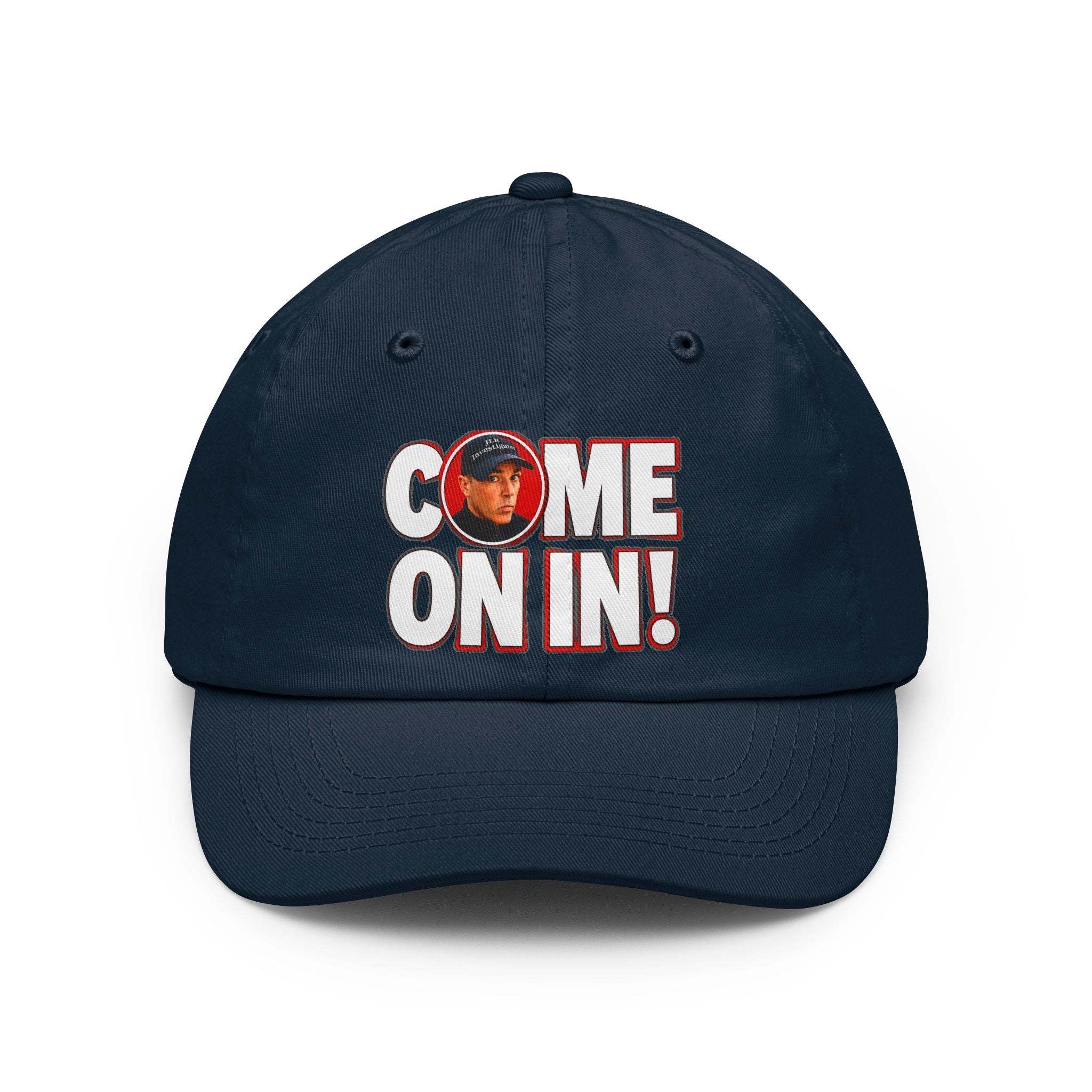 Come On In! JLR© Investigates Dad Hat in Navy with bold graphic print on front panel