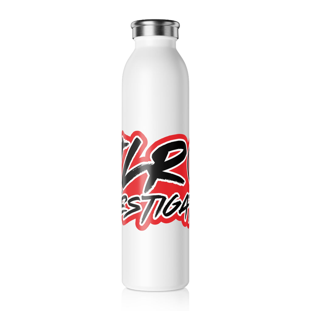 JLR Investigates 20oz insulated water bottle — bold red and black JLR Investigates graffiti-style graphic — white stainless steel — JLR Investigates

