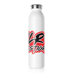 JLR Investigates 20oz insulated water bottle — bold red and black JLR Investigates graffiti-style graphic — white stainless steel — JLR Investigates

