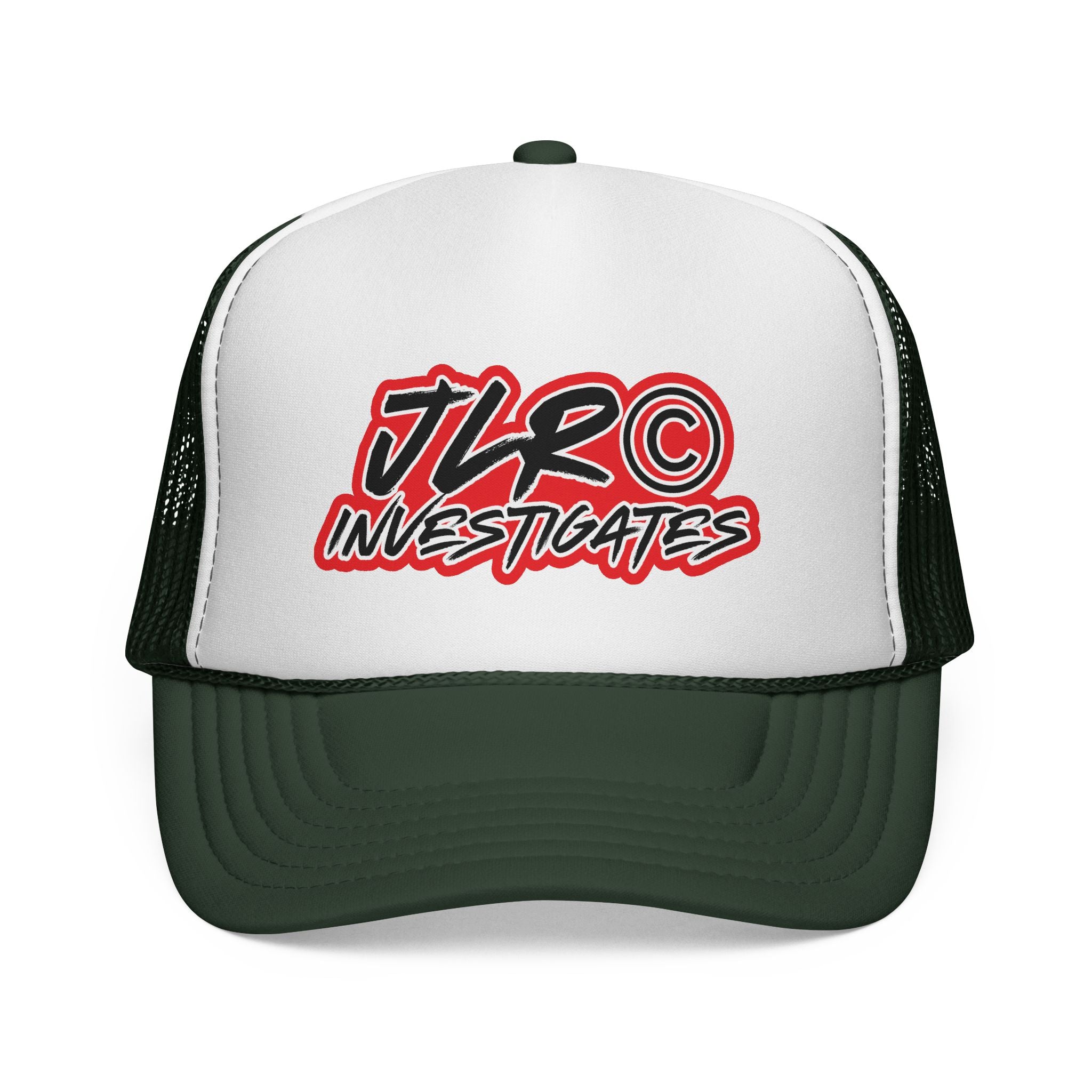Trucker Cap — "JLR© Investigates" Retro Mesh Hat (Red, White & Blue)