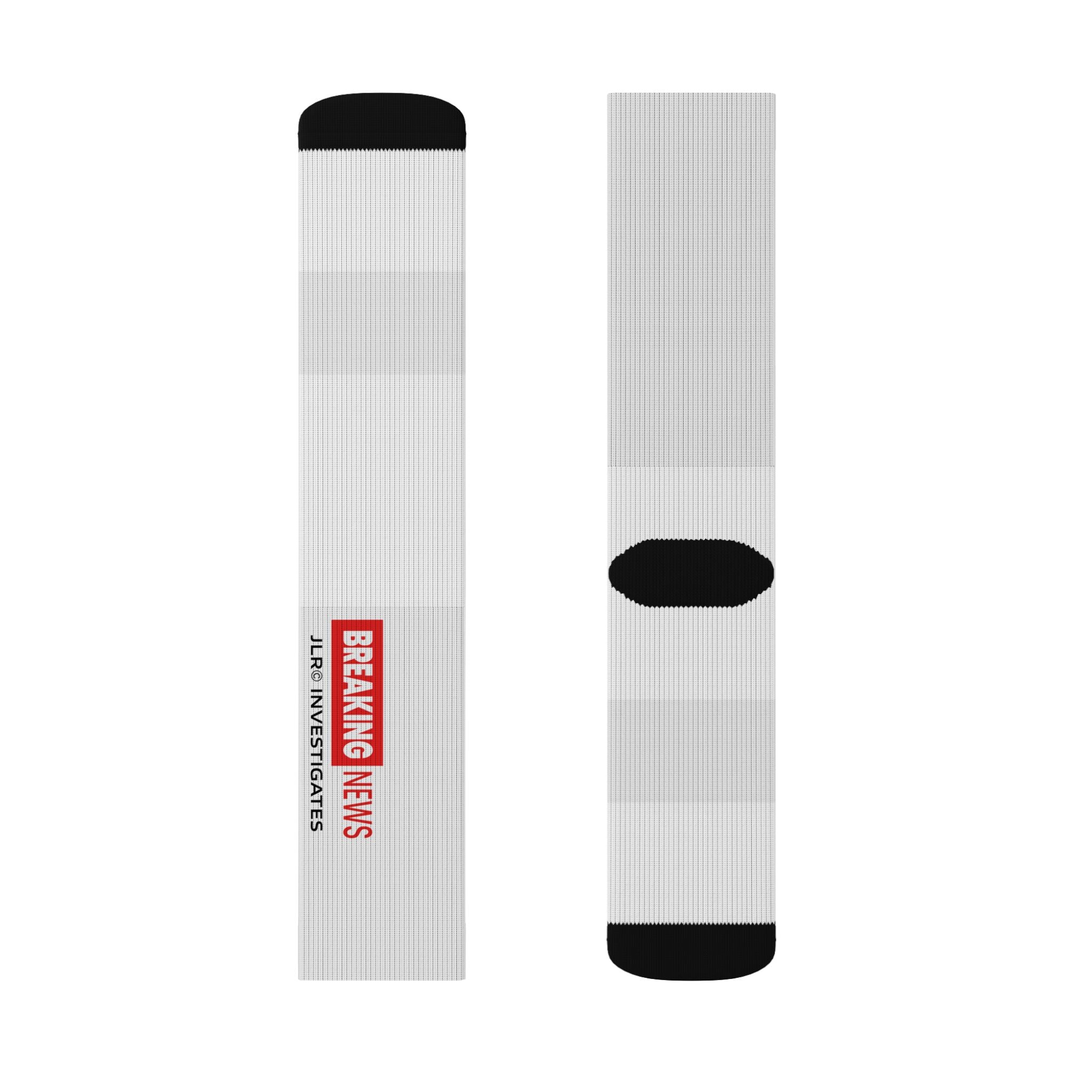 Breaking News Sublimation Socks — Novelty Crew Socks with "BREAKING NEWS: JLR© Investigates" Design