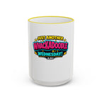 Whackadoodle Wednesday 15oz white ceramic coffee mug with yellow rim and handle and bold graphic print — JLR Investigates